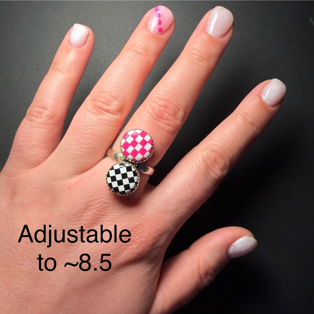 Sterling Silver Adjustable Pink & Black Checkerboard Ring